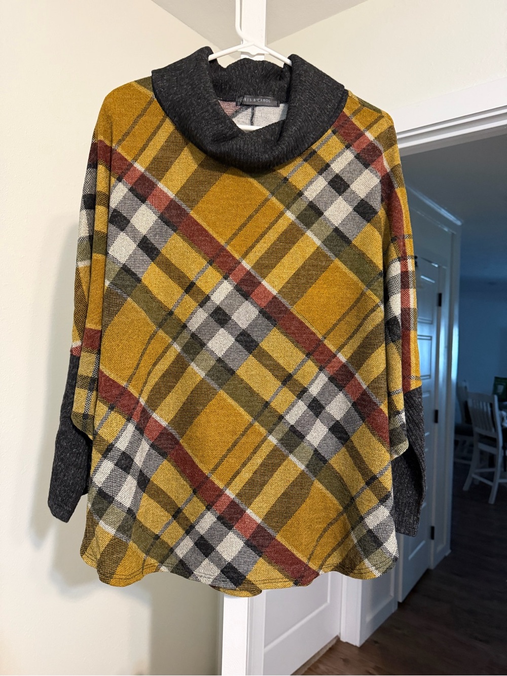 Chris & Carol Mustard Plaid Cowl Neck Sweater with Charcoal Trim NWOT